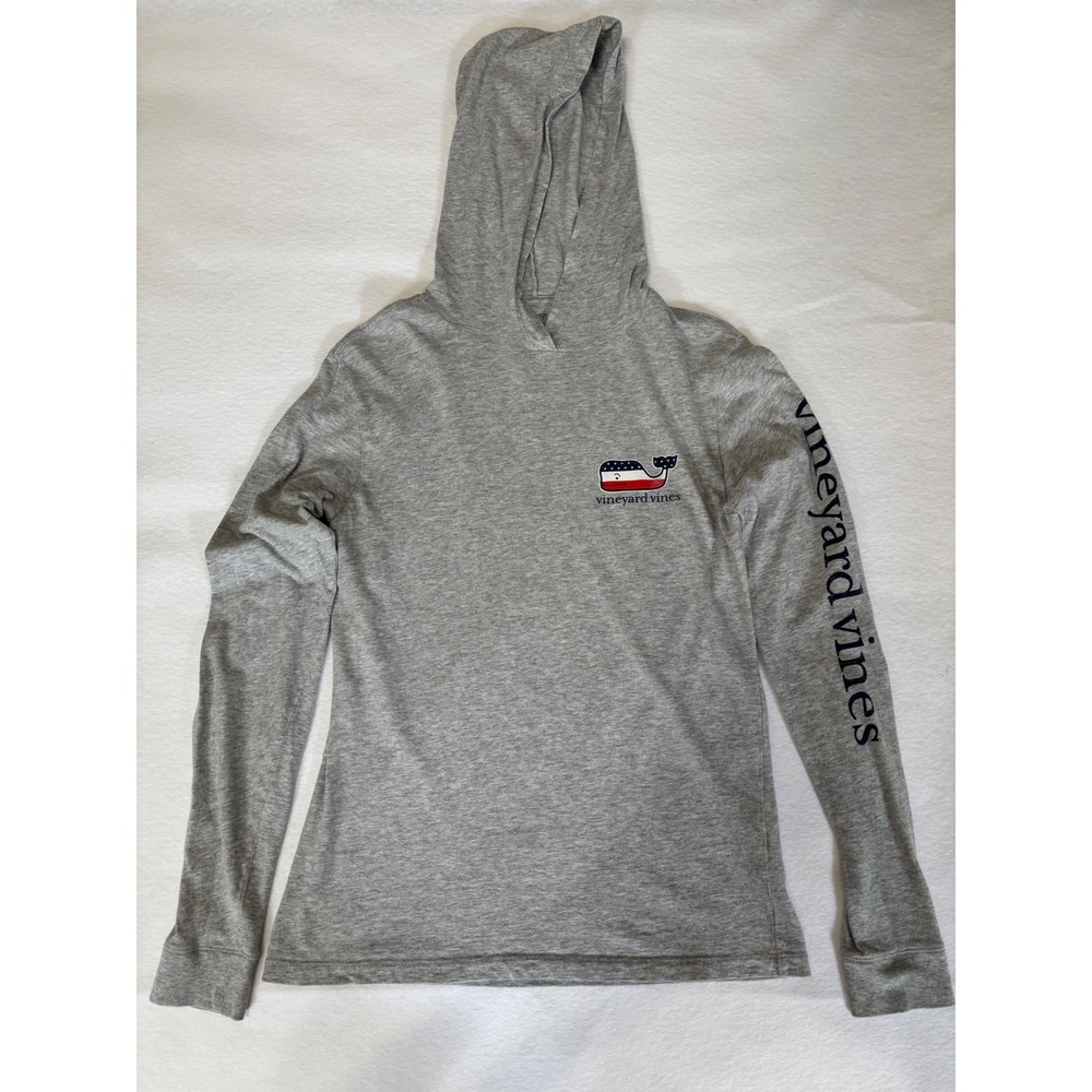 Vineyard Vines Mens Gray American Flag Whale Logo Long Sleeve Hooded T-Shirt XS